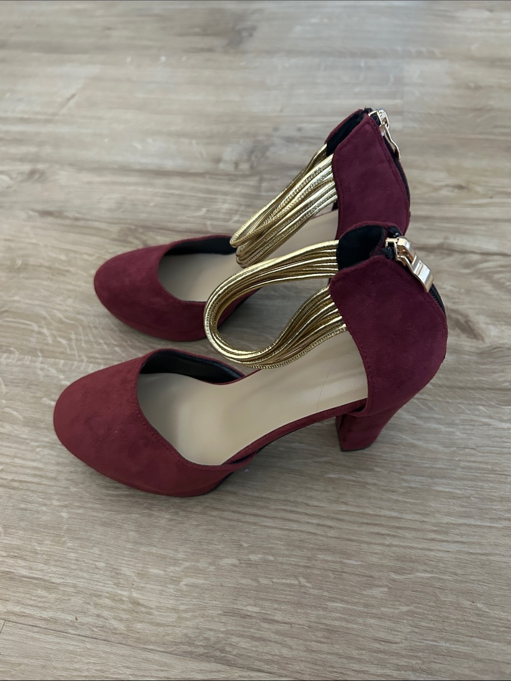 SHEIN Burgundy Suede Block Heels with Gold Strap Detail New without Box
